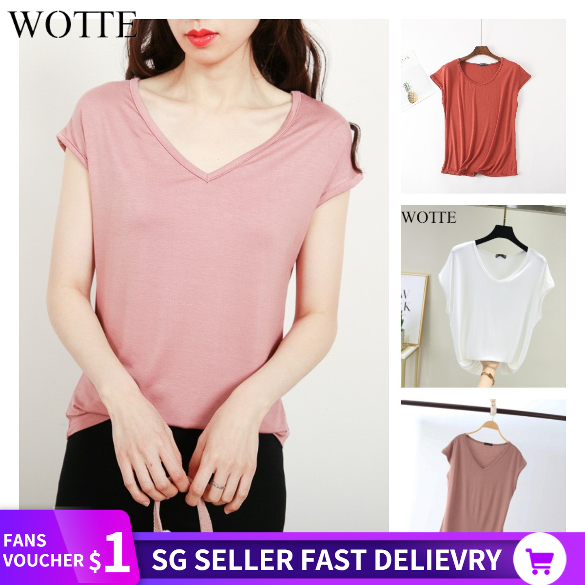 WOTTE Bamboo Fiber T Shirt for Women Home Wear Summer Sleeveless Shirt V-neck Top Plain White Pink Modal Cotton Ladies Slim Tshirt Korean Style|,|