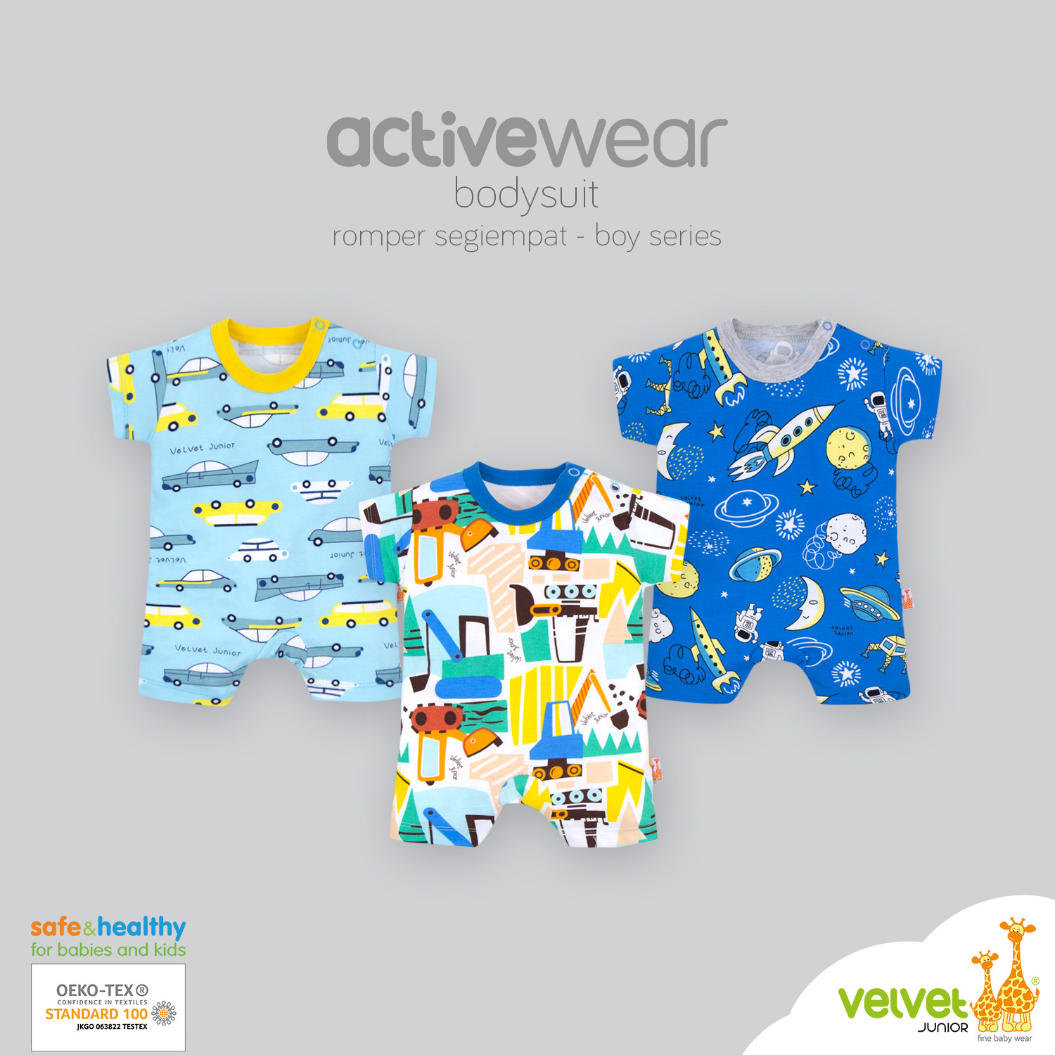 Velvet Junior ActiveWear Round Neck Printed Romper Boy (Pack of 3pcs)|,|