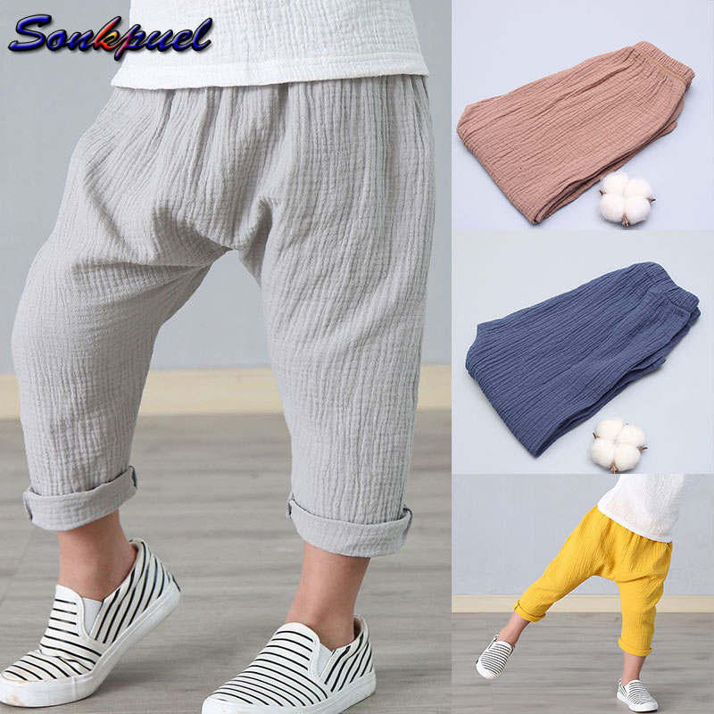 Sonkpuel Kids Pants Boy Girl Summer Solid Color Linen Pleated Trousers Children Ankle-length Pants for Baby Boys Pants Casual Harem Pants|,|