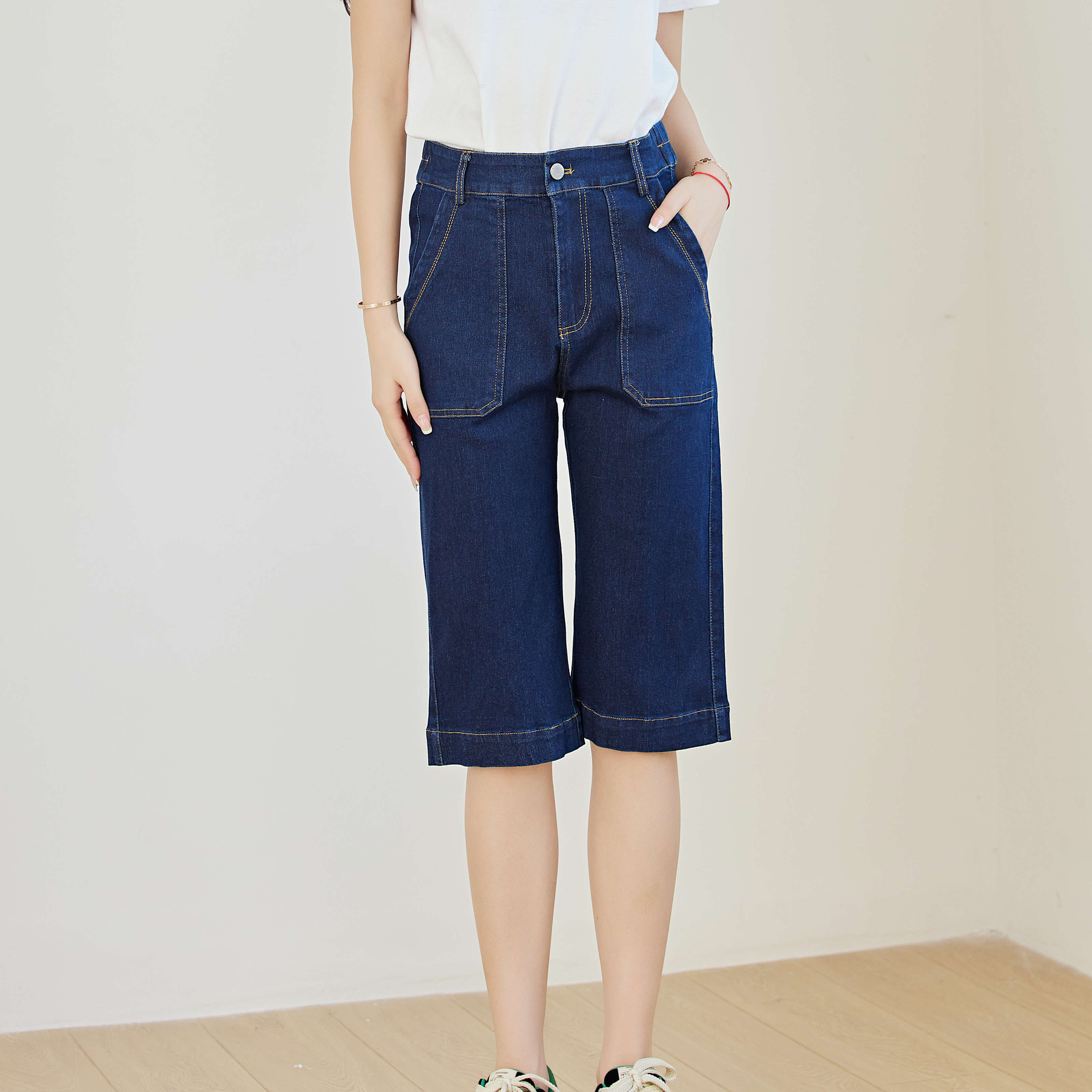 Eyouth 10126  women jeans high waist Straigth leg Knee length ladies denim pants|,|