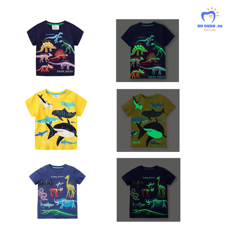 [SG] 100% Cotton Baby Boys Luminous Glow In Dark T-shirt Toddler T-shirts Kids Boys Tee T-shirts Kids Boys Tees Dark Blue Dinosaur Yellow Shark|,|