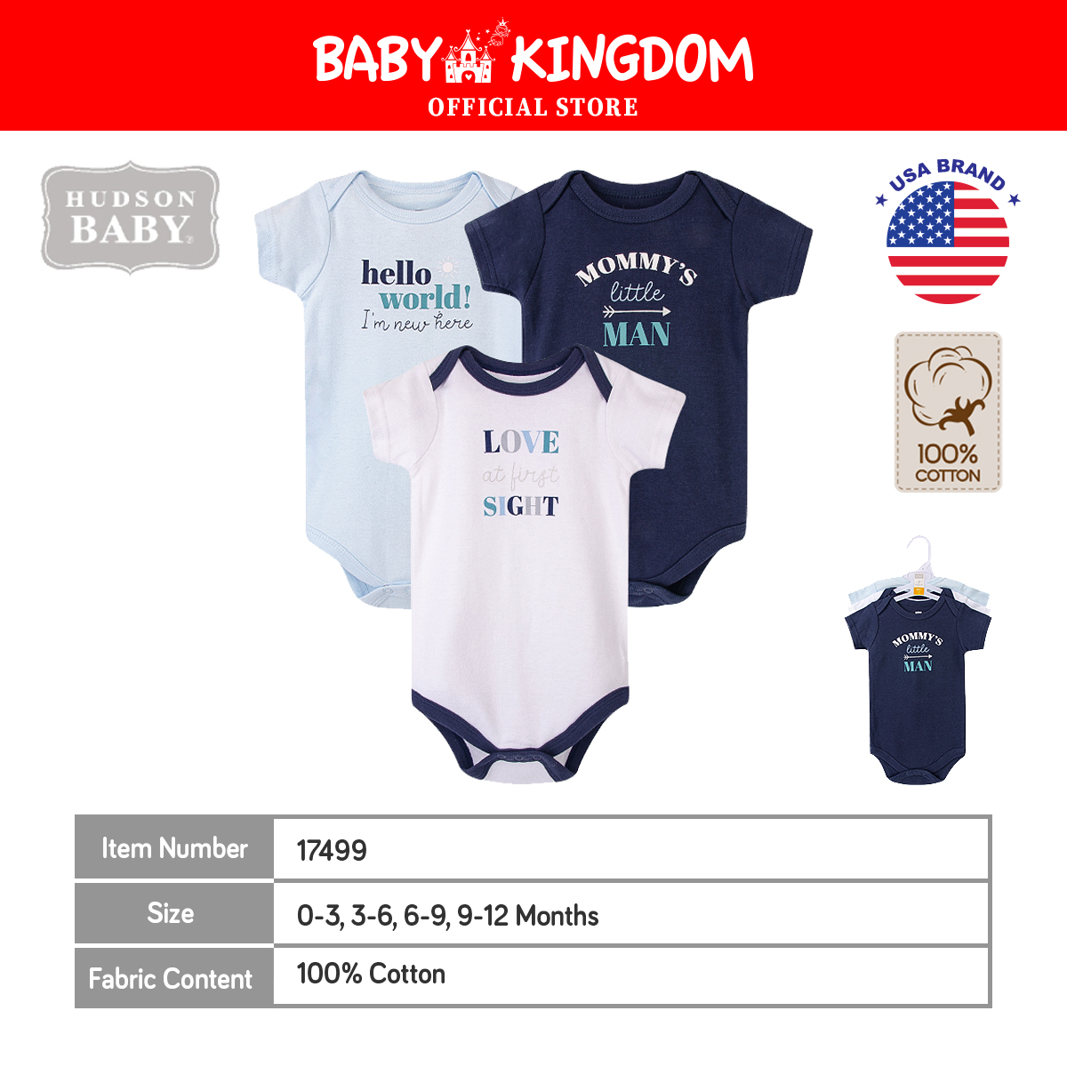 Hudson Baby 3pcs Bodysuit Short Sleeve Set (0-3m/3-6m/6-9m/9-12m)|,|