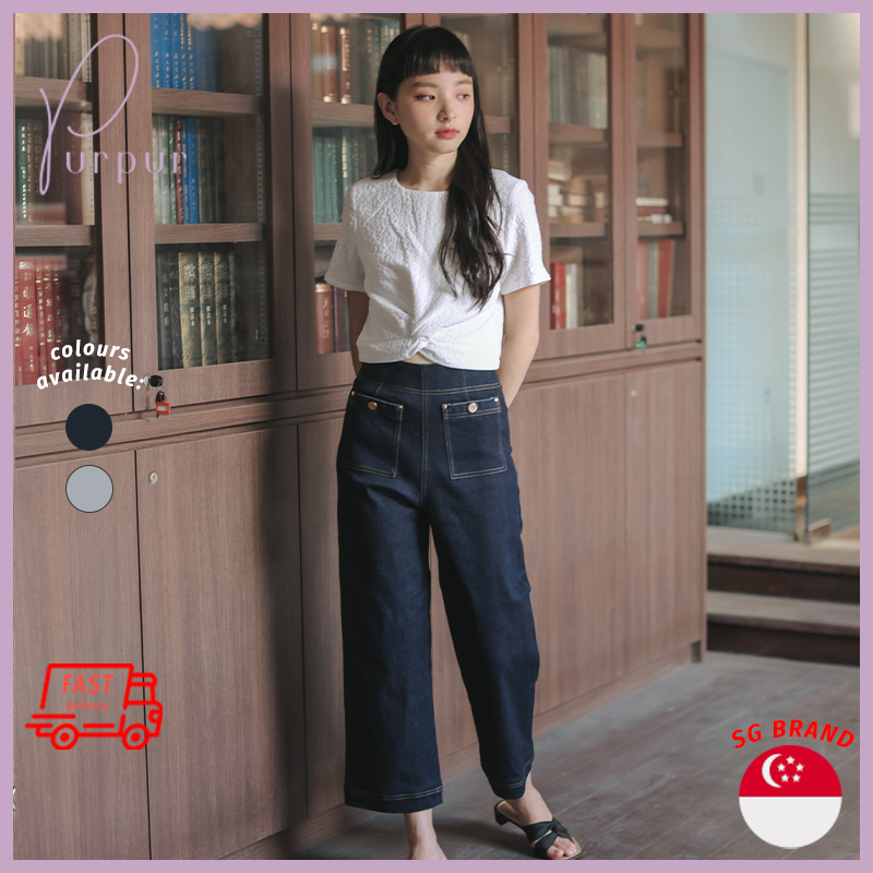 Purpur Women Bottoms Leo Highwaisted Denim Functional Contrasting Straight Leg Pocket Jeans Darkwash Blue|,|