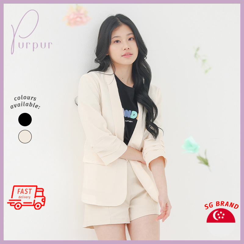 Purpur Women Outerwear Blazer Adelia Long Sleeve Pleated Blazer Cream White|,|