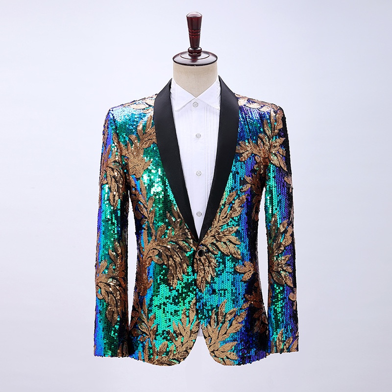 Men Sequins Stage outfit Stylish Leaves Pattern Blazers Party Wedding Banquet Nightclub Singers Blazer|,|