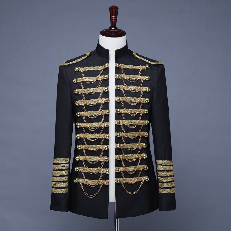 Men&#x27;s military uniform dress blazer nightclub DJ black and red inlaid metal chain European court costumes bar costumes|,|