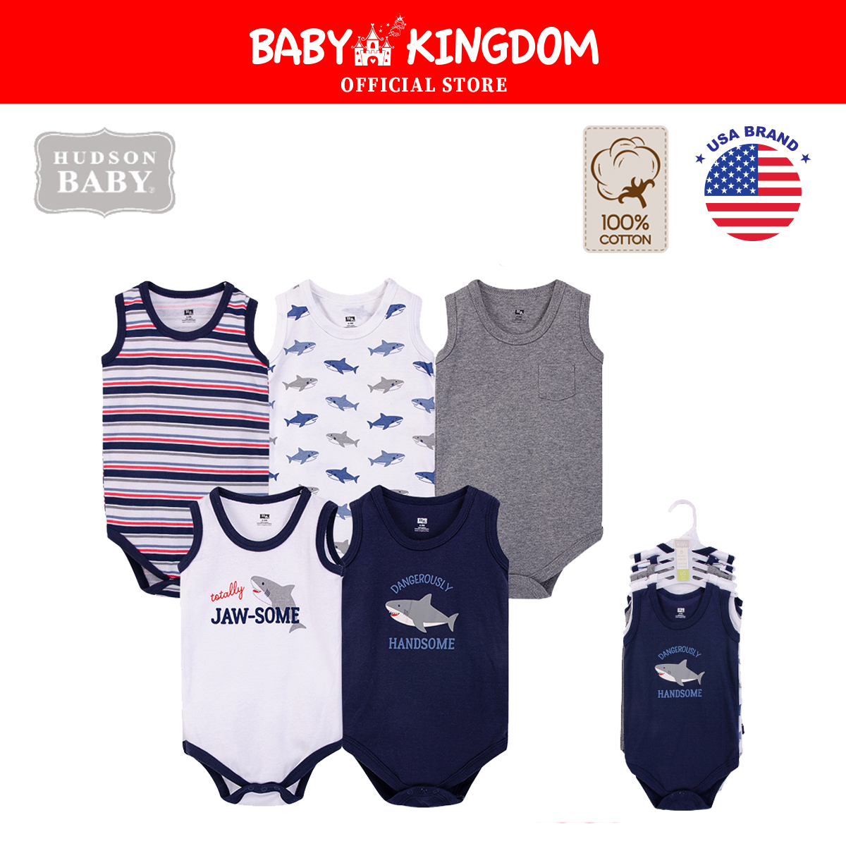 Hudson Baby 5pcs Sleeveless Bodysuits Set (0-3 /3-6 /6-9 /9-12mths)|,|
