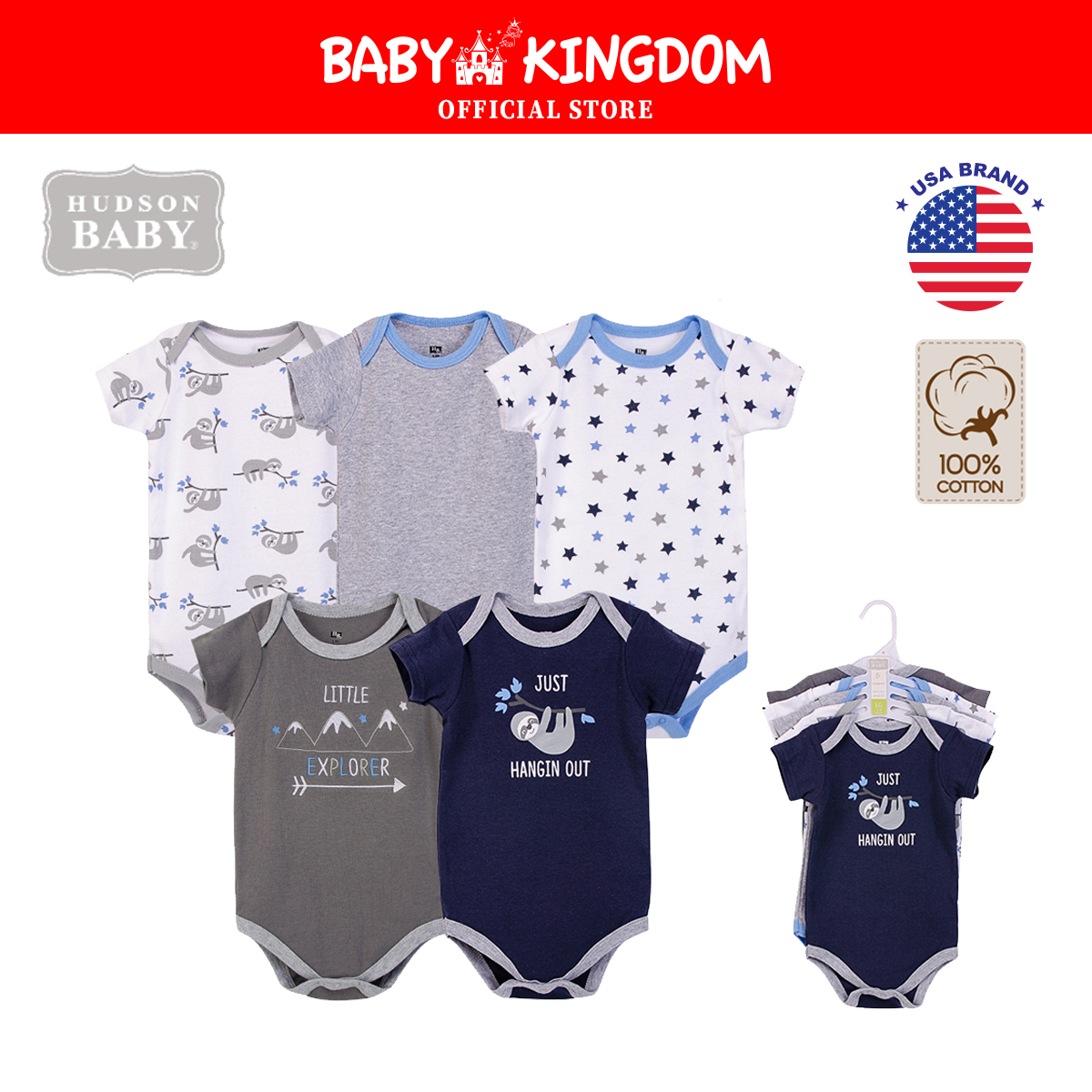 Hudson Baby Bodysuit Set 5pcs - Boys (0-3m/3-6m/6-9m/9-12m)|,|