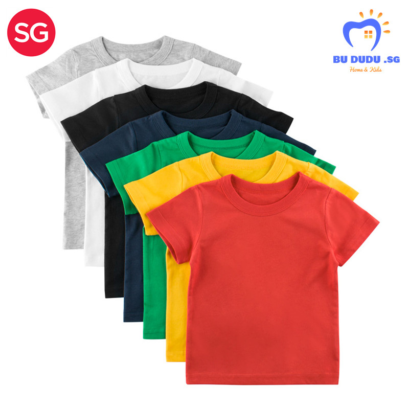 [SG] 100% Cotton Kids T-shirts Toddler Boys Girls Tops Children short sleeve T-shirt Clothes Plain Color School Event Clothes Festival Clothes Red White Yellow Green Blue Black Grey Dark blue|,|