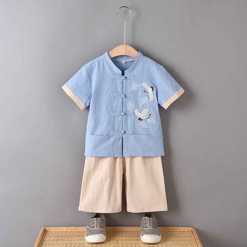 TZ050A New Toddler Boys Traditional Chinese 2 pc Kungfu Set Embroidered Cranes [Little Gems SG] sz 90 -140 Red Blue|,|