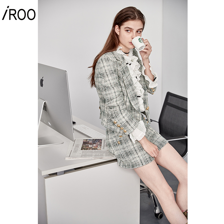 iROO Woman Clothing Plaid Tweed Jacket|,|