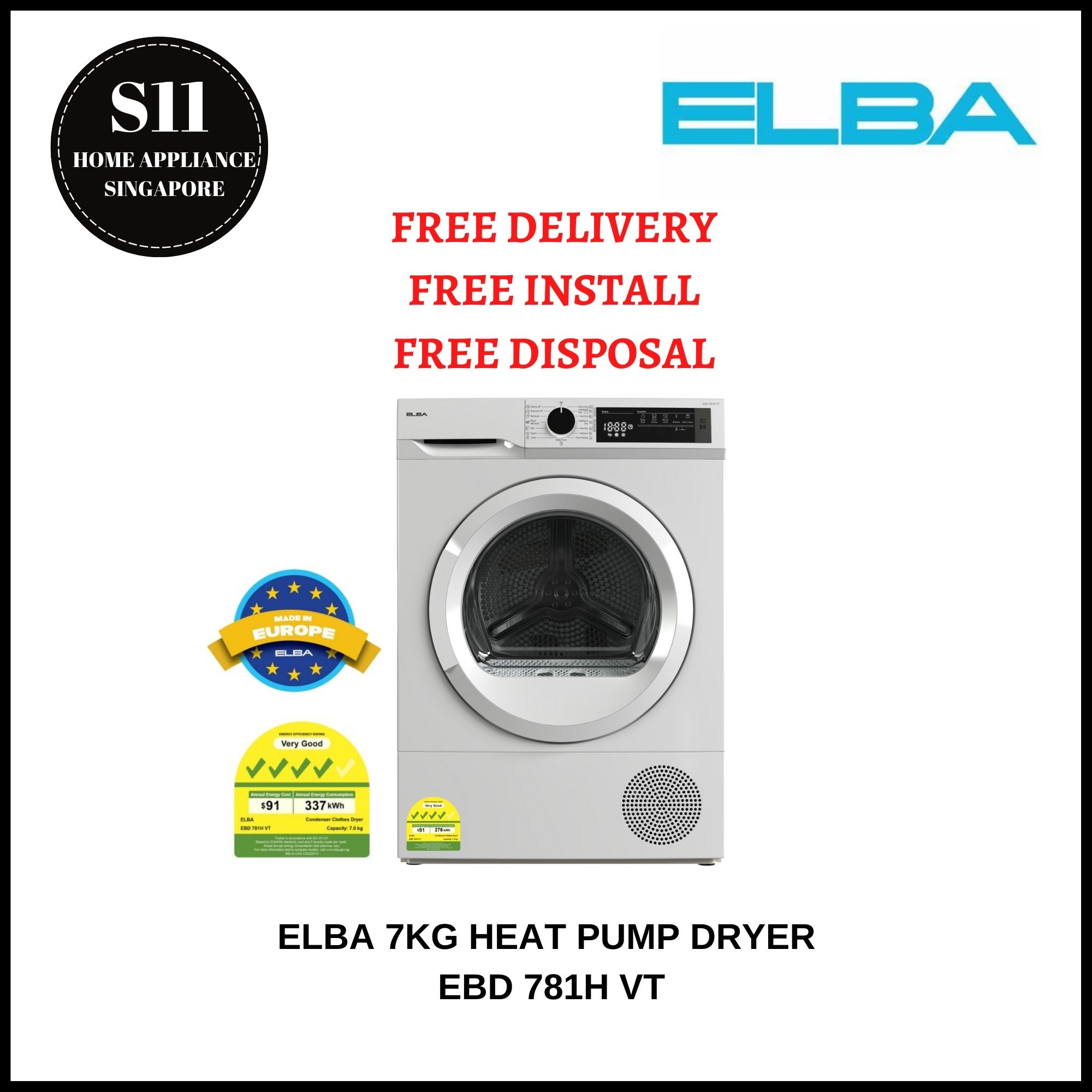 ELBA 7KG EBD 781H VT HEAT PUMP DRYER *MADE IN EUROPE* FREE INSTALL AND DISPOSE - 2 YEARS LOCAL WARRANTY * READY STOCKS|,|