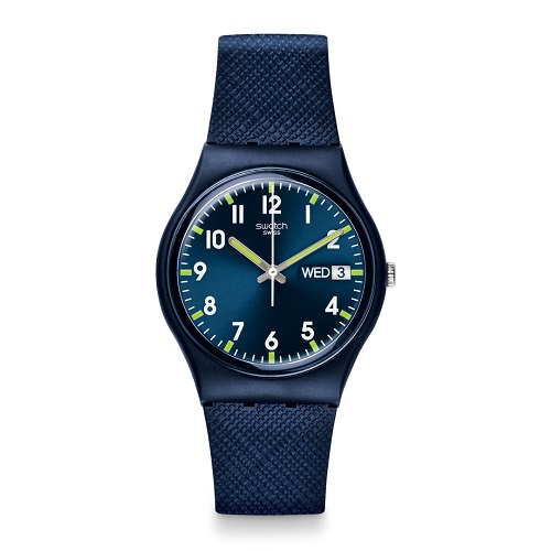 Swatch Sir Blue Quartz 34mm Silicone Strap Watch|,|