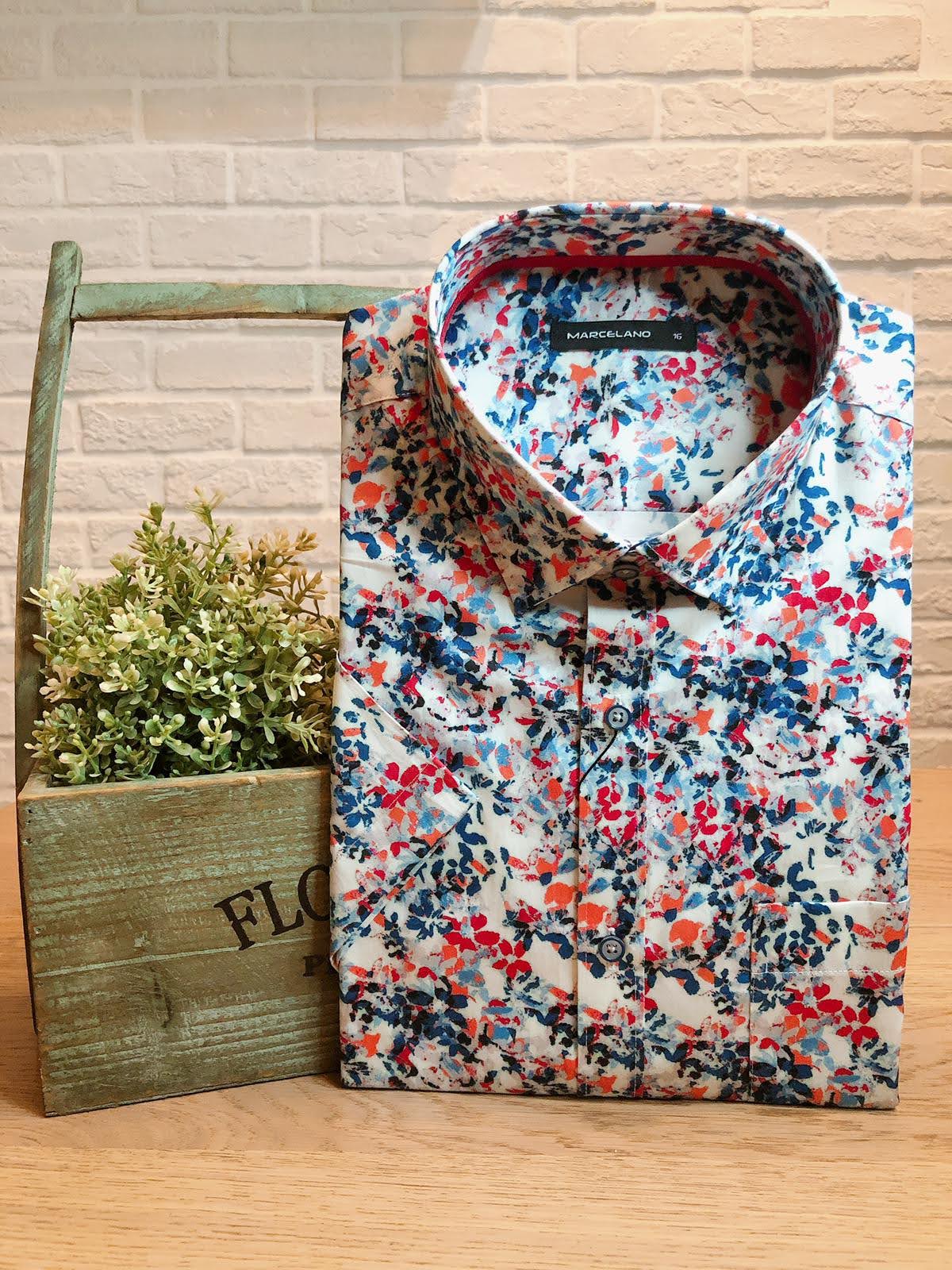 MARCELANO Premium Men Slim Fit Printed Sateen Short Sleeve Smart Casual Shirt|,|